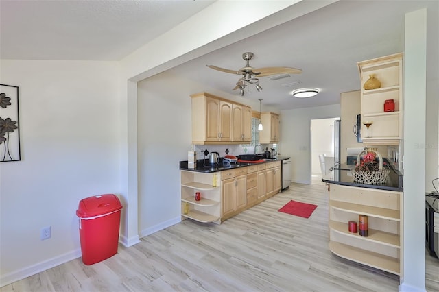 kitchen featuring light wood-type flooring, ceiling fan, light brown cabinetry, and stainless steel dishwasher