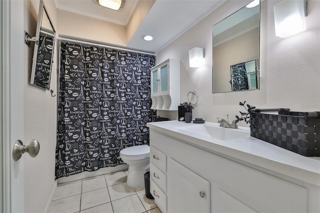 bathroom featuring vanity, toilet, walk in shower, and tile patterned flooring