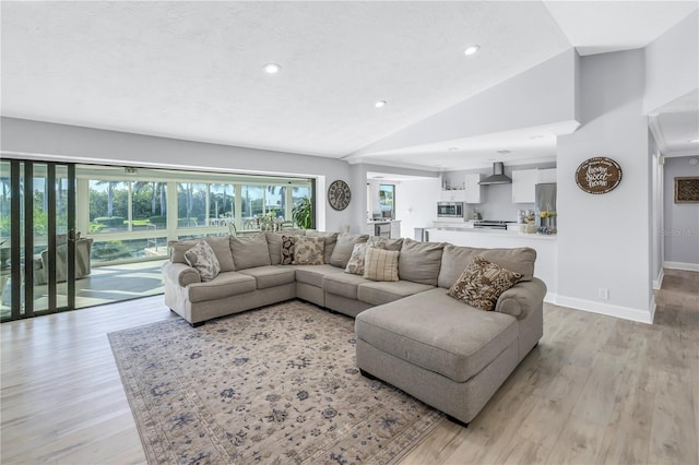 living room featuring light hardwood / wood-style flooring and high vaulted ceiling