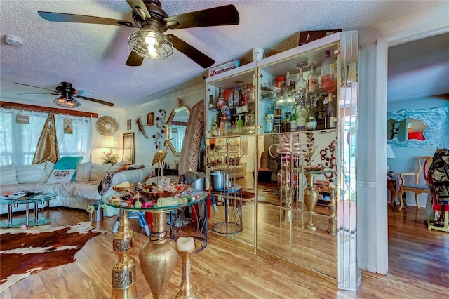 dining area featuring a wealth of natural light, ceiling fan, hardwood / wood-style flooring, and a textured ceiling