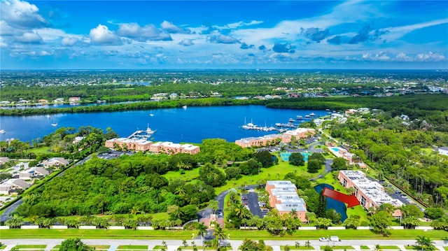 drone / aerial view featuring a water view