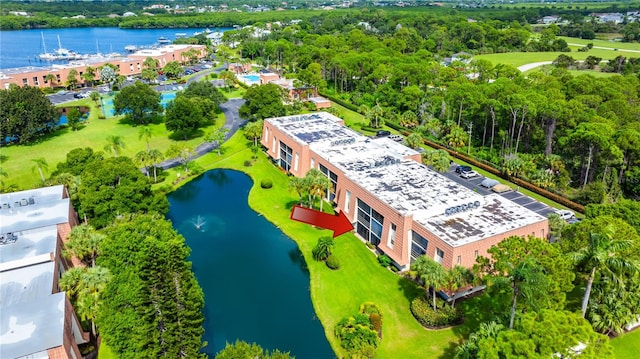 aerial view featuring a water view