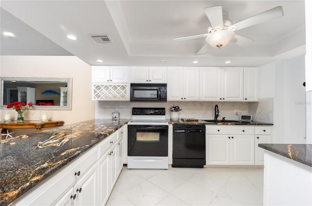 kitchen featuring dark stone counters, backsplash, black appliances, sink, and ceiling fan