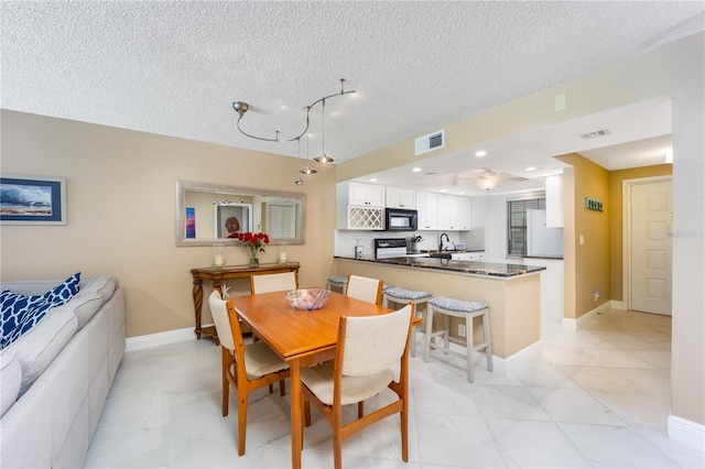 dining room with a textured ceiling