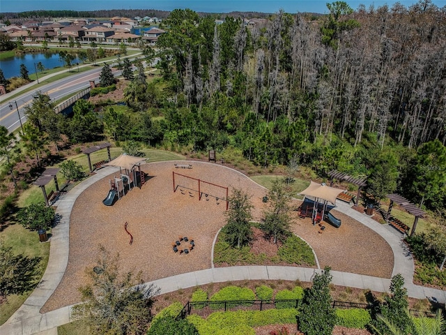 drone / aerial view featuring a water view