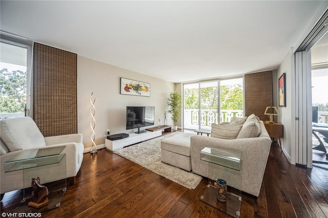 living room featuring a wall of windows and dark hardwood / wood-style floors