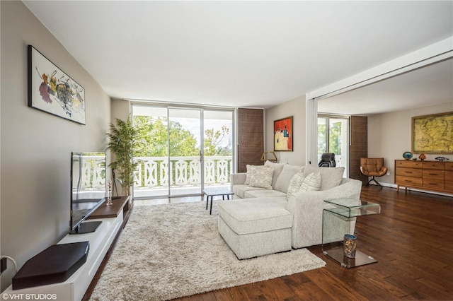 living room with expansive windows and dark hardwood / wood-style floors