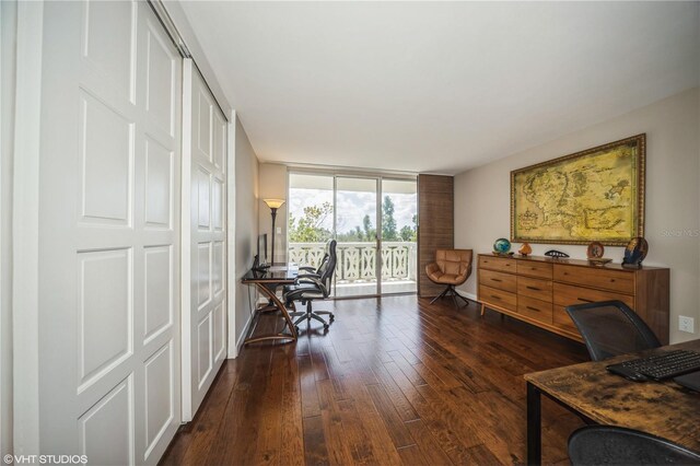 interior space with floor to ceiling windows and dark hardwood / wood-style floors