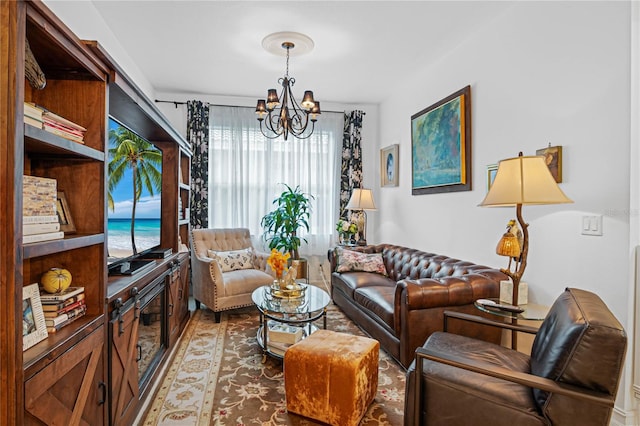 living room with a chandelier