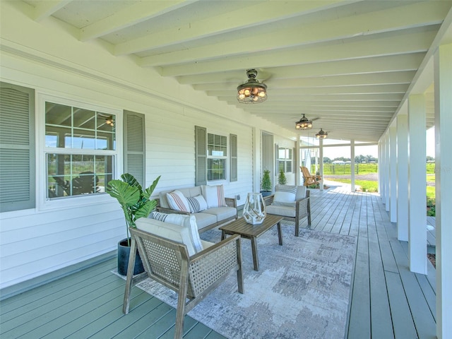 deck with an outdoor hangout area and covered porch