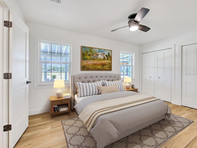 bedroom featuring light wood-style flooring, multiple windows, and multiple closets