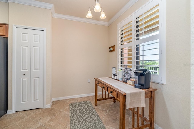 office featuring light tile patterned floors, baseboards, an inviting chandelier, and ornamental molding