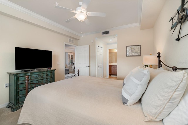 bedroom with visible vents, baseboards, crown molding, and carpet