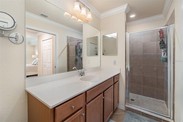 full bath featuring visible vents, a shower stall, and ornamental molding