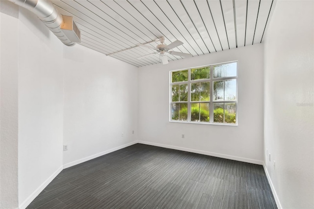 empty room featuring wood ceiling and ceiling fan