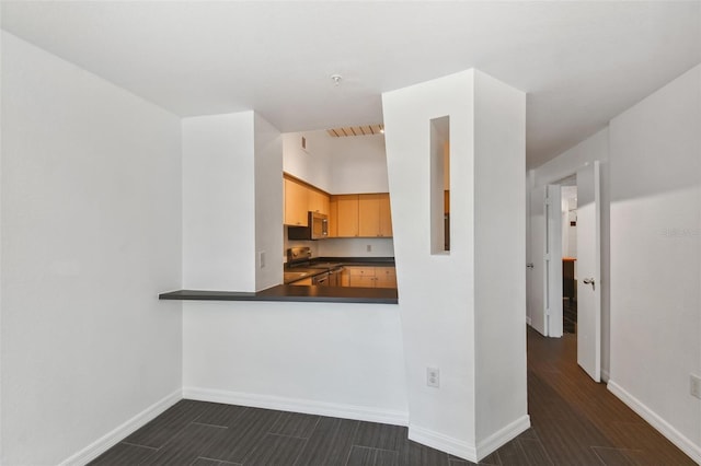 kitchen with light brown cabinetry, stainless steel appliances, and kitchen peninsula