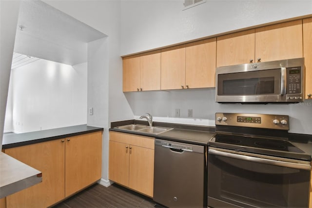 kitchen featuring appliances with stainless steel finishes, sink, light brown cabinets, and dark wood-type flooring