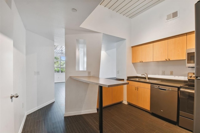 kitchen featuring baseboards, visible vents, appliances with stainless steel finishes, dark wood-type flooring, and a sink