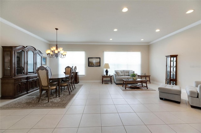 dining area featuring crown molding, light tile patterned flooring, and a chandelier