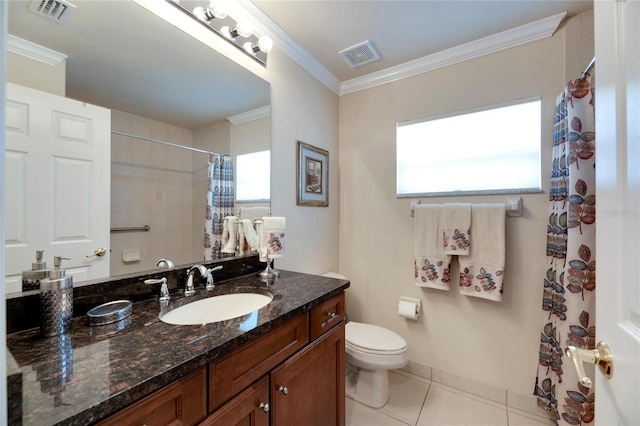 bathroom featuring tile patterned flooring, vanity, toilet, and ornamental molding