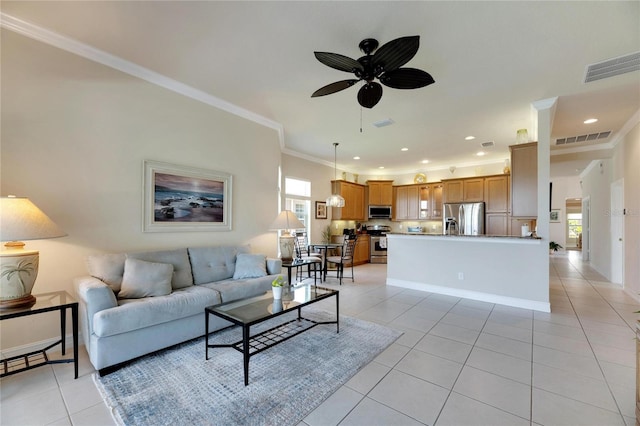 living room featuring light tile patterned floors, ceiling fan, and ornamental molding