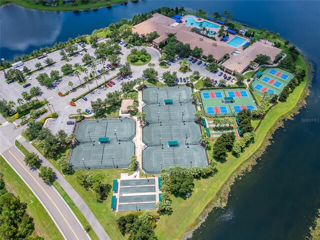 aerial view featuring a water view