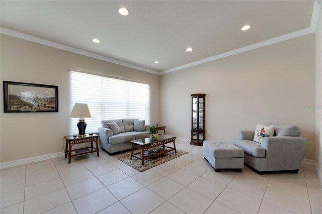 tiled living room with crown molding