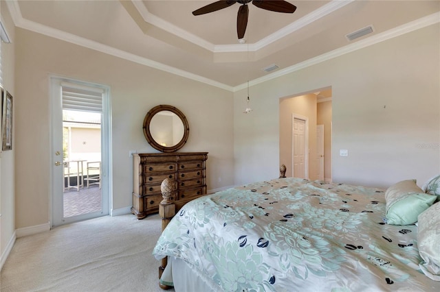 carpeted bedroom featuring access to outside, a raised ceiling, ceiling fan, and crown molding