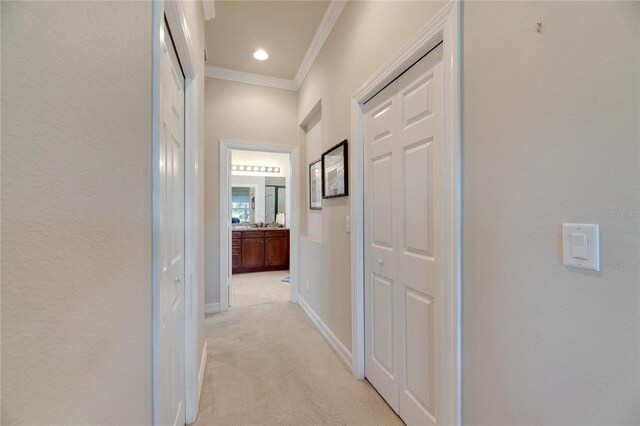 hall with light colored carpet and ornamental molding