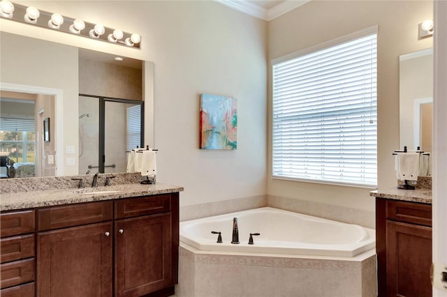 bathroom featuring vanity, separate shower and tub, and crown molding