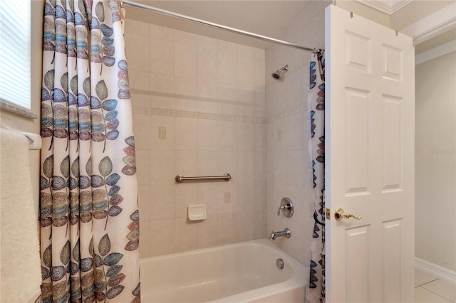 bathroom with shower / bath combination with curtain, tile patterned floors, and ornamental molding