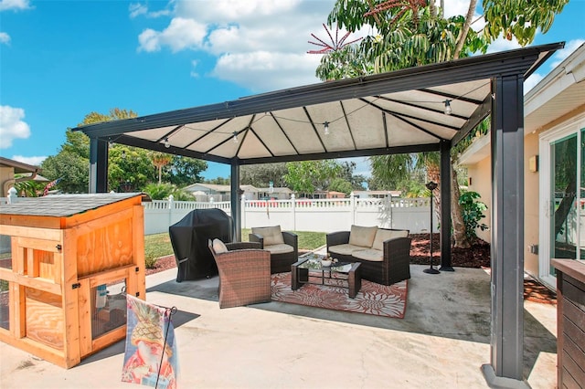 view of patio / terrace with a gazebo and an outdoor hangout area