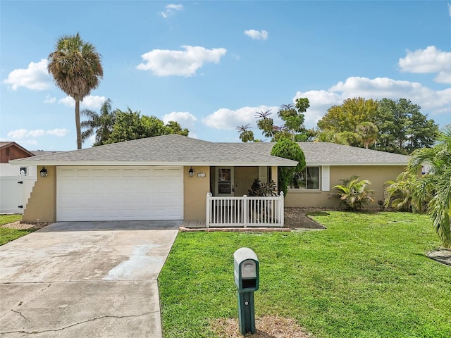 single story home with a front yard and a garage