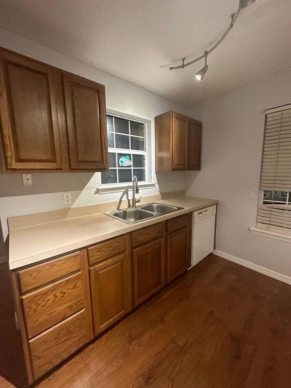 kitchen featuring dark hardwood / wood-style flooring, sink, and white dishwasher