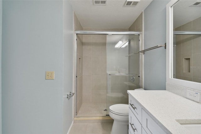 full bath with a stall shower, visible vents, and toilet