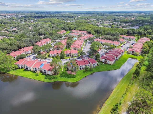 aerial view featuring a water view and a residential view