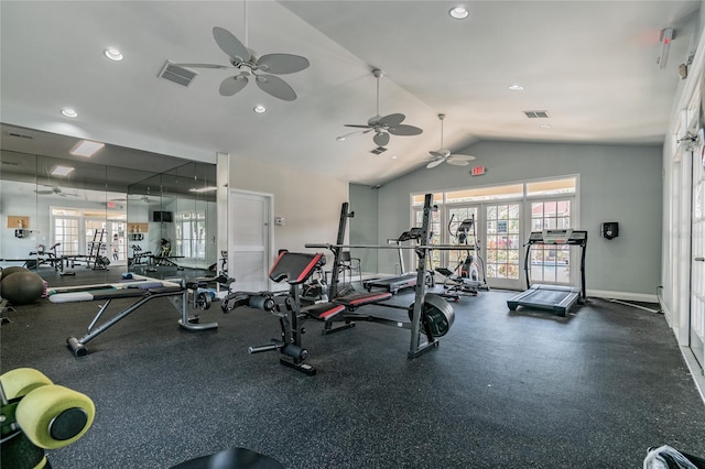 exercise room featuring lofted ceiling, recessed lighting, visible vents, and baseboards