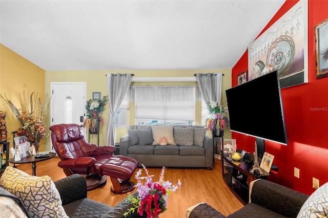 living room with a textured ceiling and light wood-type flooring