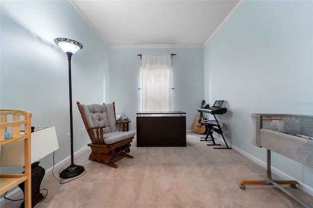 living area featuring carpet, baseboards, and ornamental molding