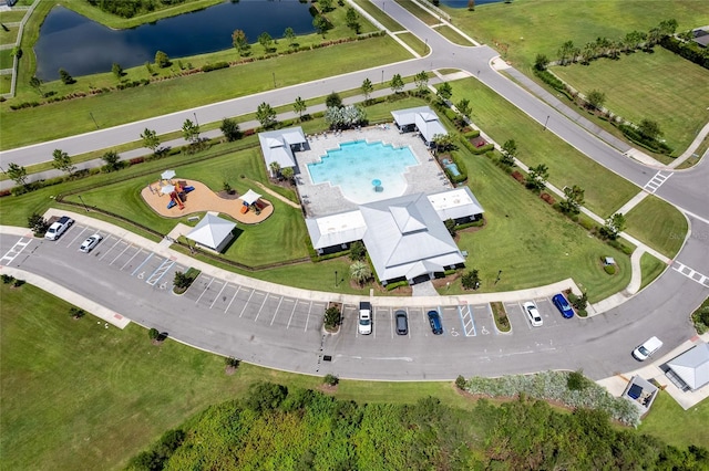 bird's eye view with a water view