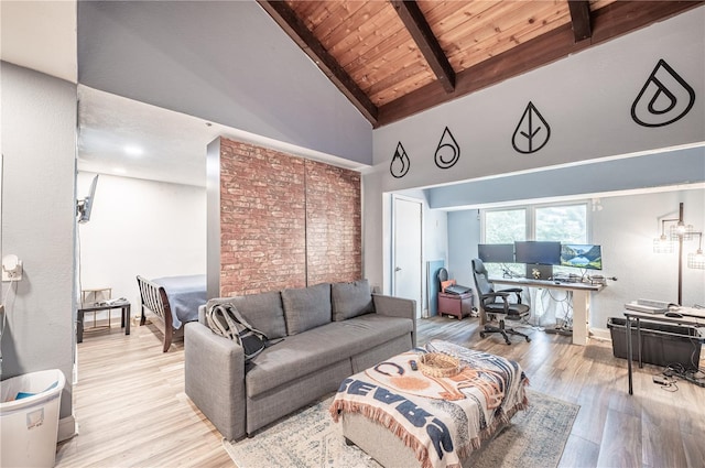 living room featuring beamed ceiling, high vaulted ceiling, wooden ceiling, and light hardwood / wood-style flooring