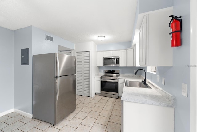 kitchen featuring sink, white cabinetry, light tile patterned floors, appliances with stainless steel finishes, and electric panel