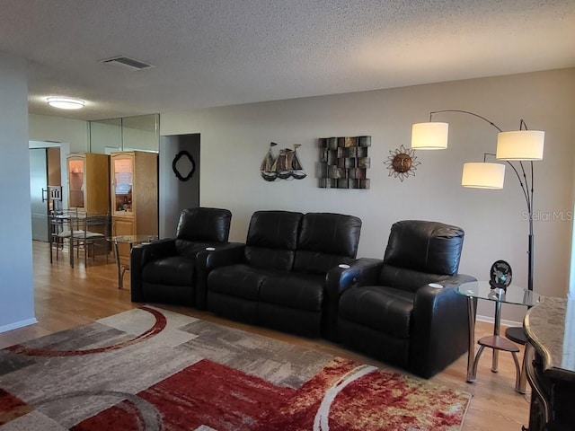 living room featuring a textured ceiling and hardwood / wood-style flooring