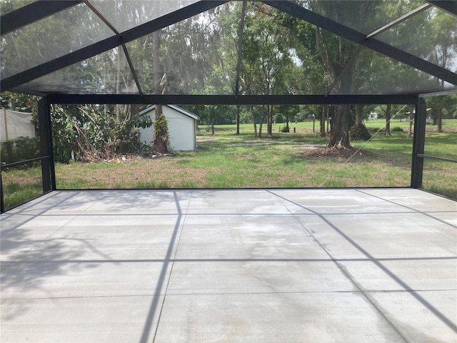 view of patio / terrace featuring a shed