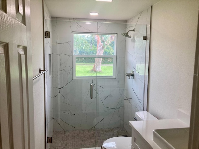 bathroom featuring walk in shower, vanity, and toilet