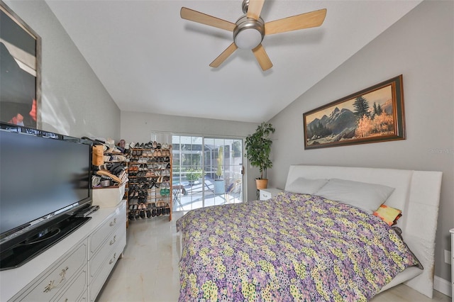 bedroom featuring vaulted ceiling, access to outside, and ceiling fan