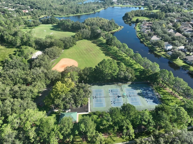 drone / aerial view featuring a water view