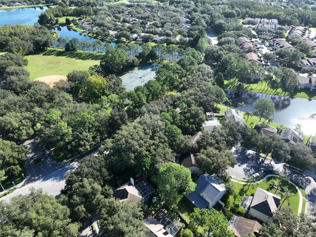 bird's eye view with a water view