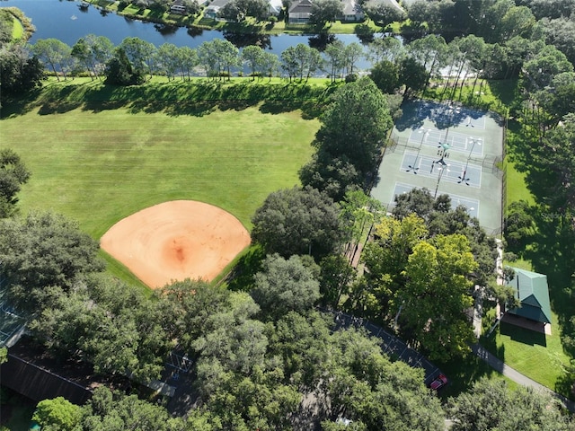 bird's eye view with a water view