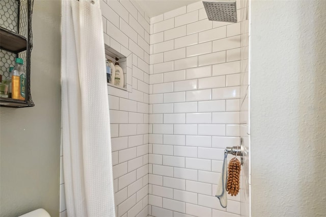 bathroom with a shower with curtain and toilet